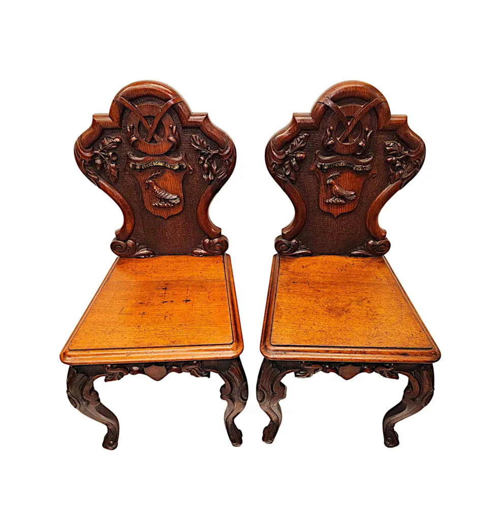 A Very Rare Pair of 19th Century Heavy Carved Oak English Country House Hall Chairs