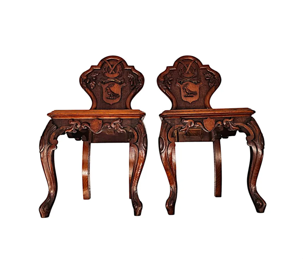 A Very Rare Pair of 19th Century Heavy Carved Oak English Country House Hall Chairs