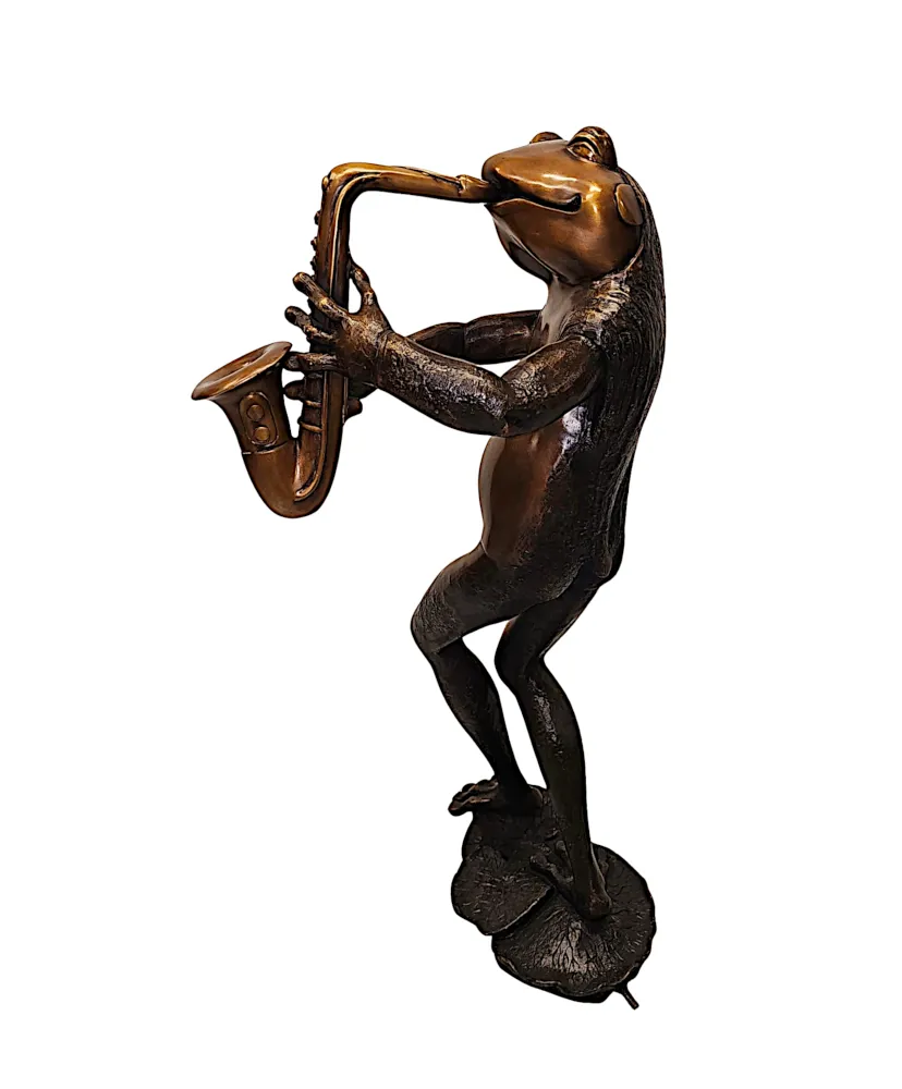 A Very Fine Bronze Animalier Garden Sculpture or Fountain of a Frog Playing a Saxaphone