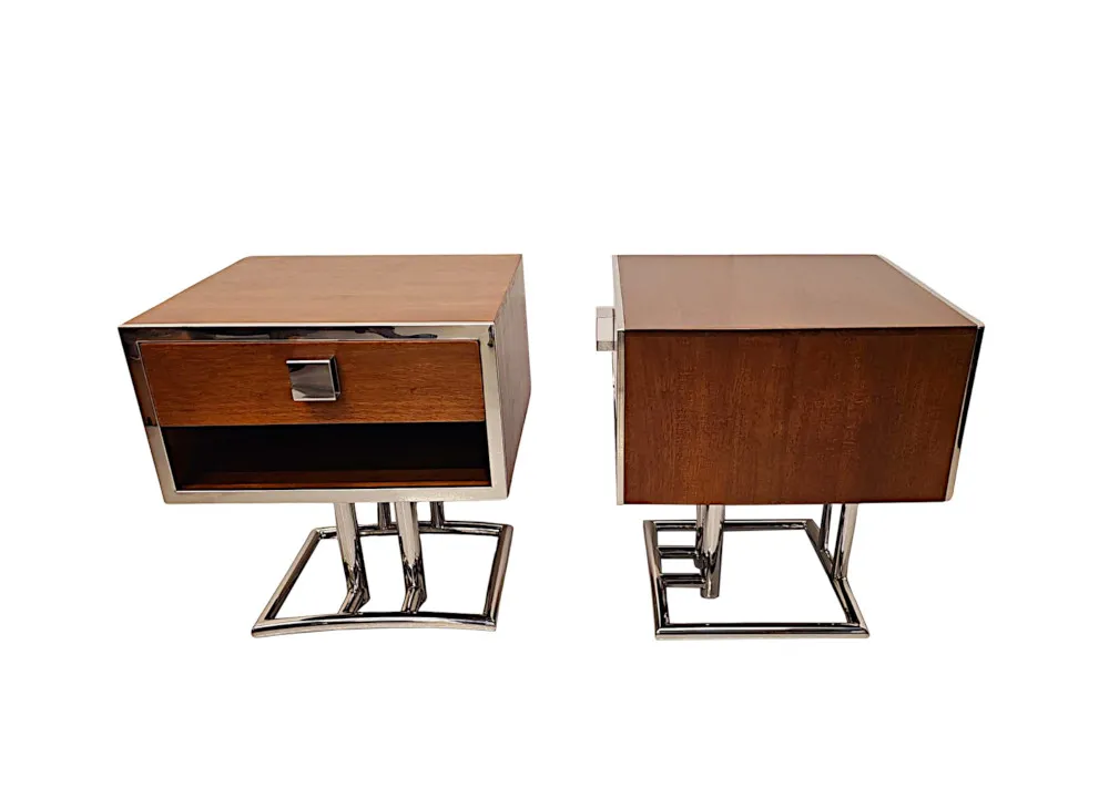 A Very Fine Pair of Mid Century Design Walnut and Chrome Side or Bedside Tables