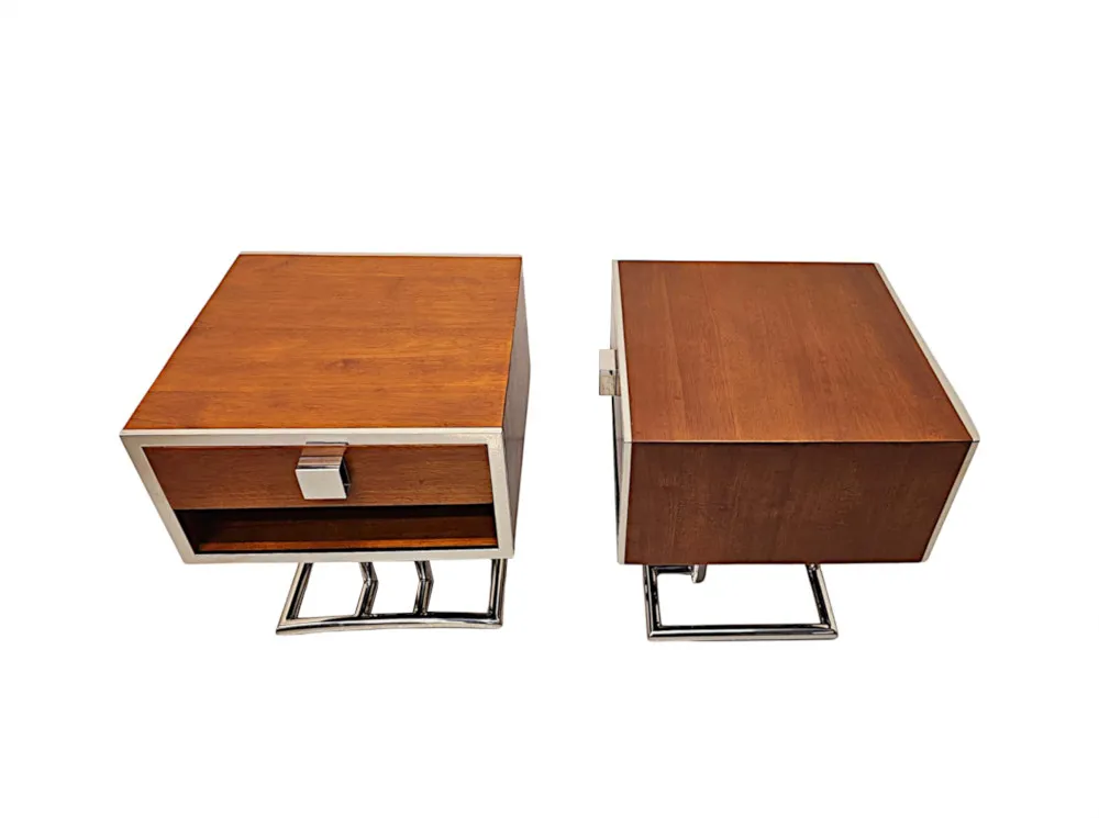 A Very Fine Pair of Mid Century Design Walnut and Chrome Side or Bedside Tables