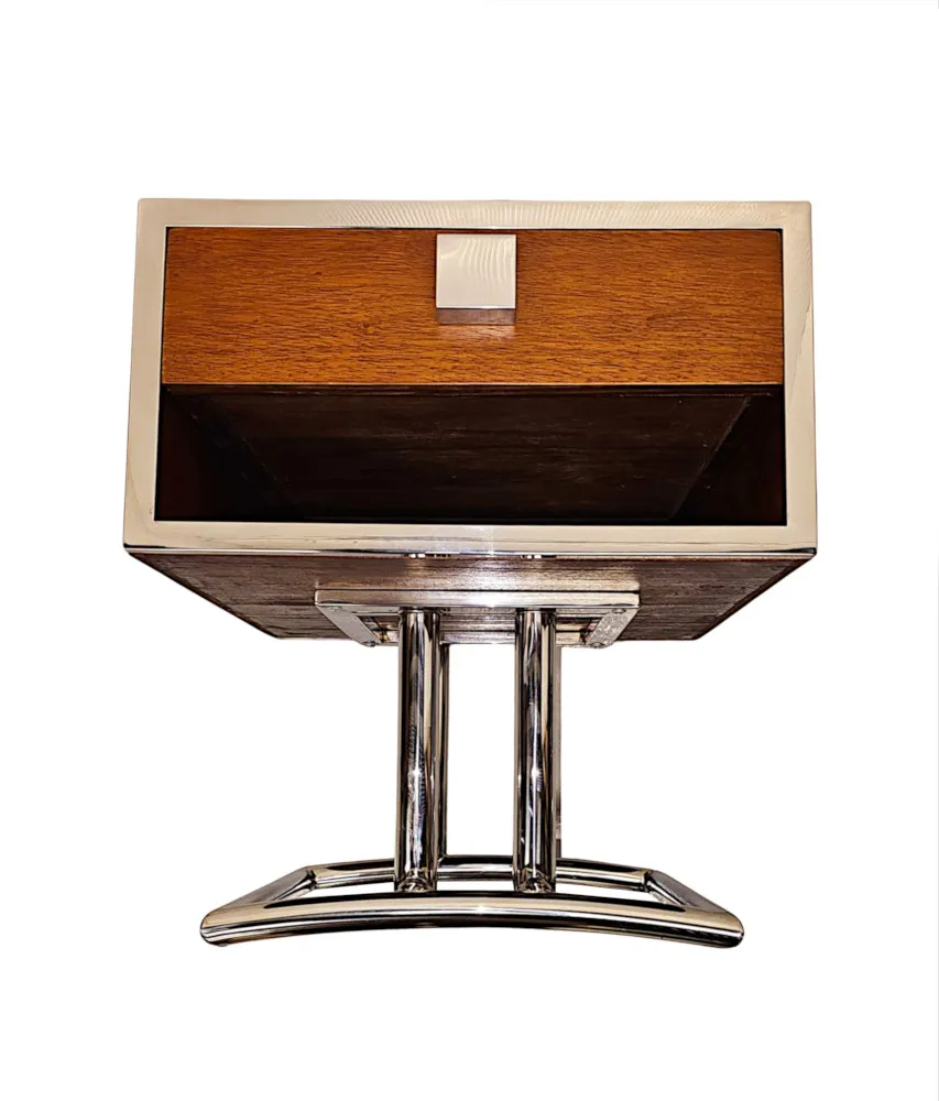 A Very Fine Pair of Mid Century Design Walnut and Chrome Side or Bedside Tables