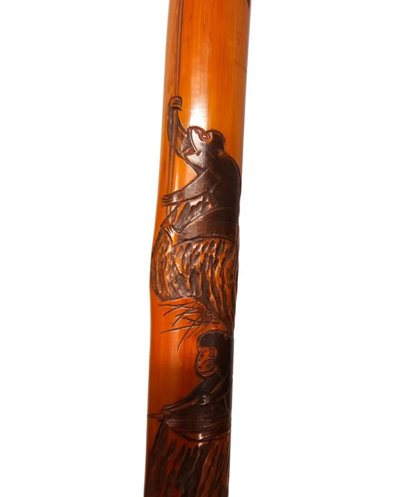  A Very Rare 19th Century Carved Bamboo Walking Stick Which Extends To A Fishing Rod
