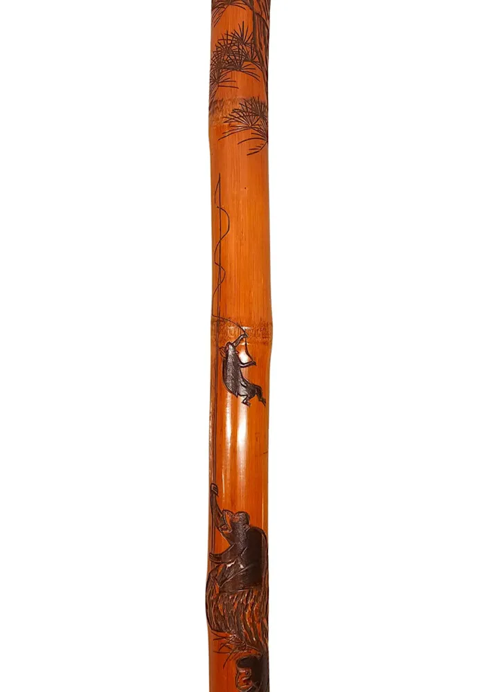  A Very Rare 19th Century Carved Bamboo Walking Stick Which Extends To A Fishing Rod