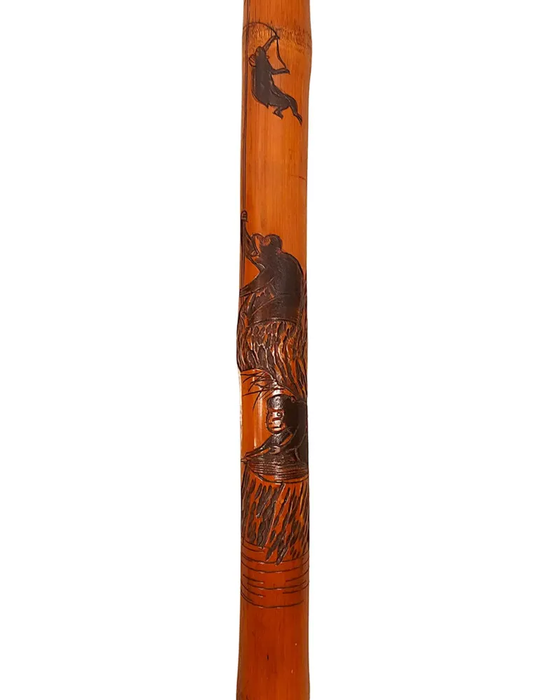  A Very Rare 19th Century Carved Bamboo Walking Stick Which Extends To A Fishing Rod