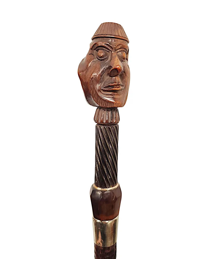 A Very Rare 19th Century Gadget Nut Cracker Walking Cane with a Pair of Carved Heads
