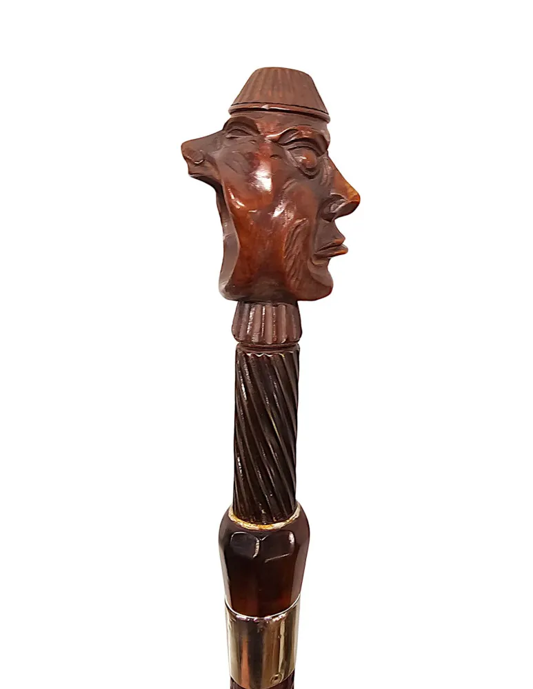 A Very Rare 19th Century Gadget Nut Cracker Walking Cane with a Pair of Carved Heads