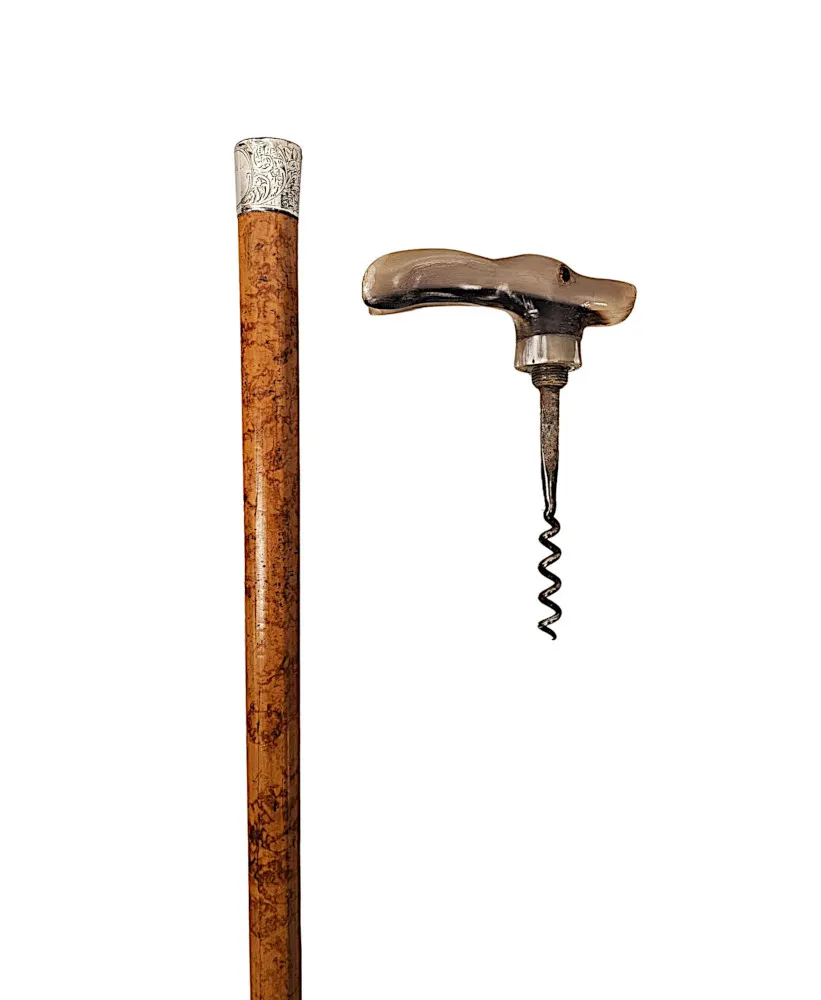 A Very Rare 19th Century Gadget Walking Stick With A Rabbit Handle and Hidden Corkscrew