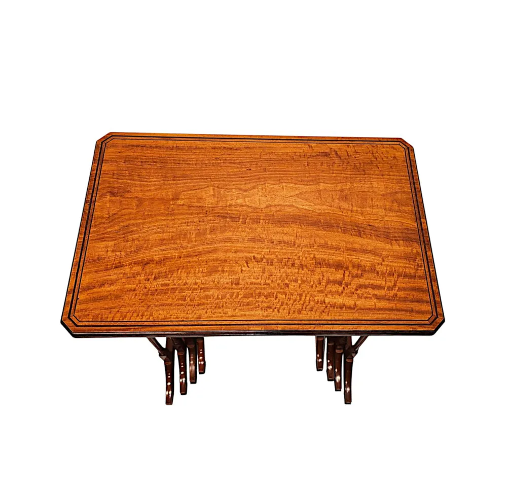 A Very Rare Edwardian Inlaid Satinwood and Mahogany Nest of Four Tables 