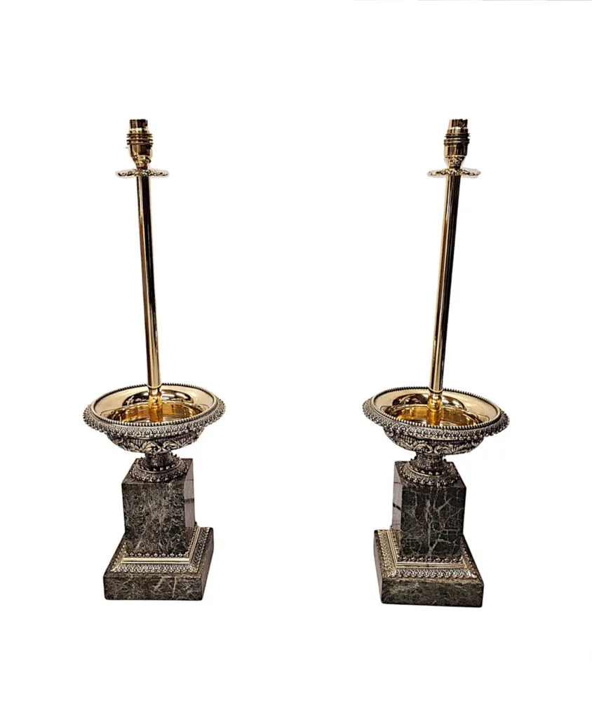 A Stunning Pair of 19th Century Ormolu and Marble Tazza Urns Converted to Table Lamps
