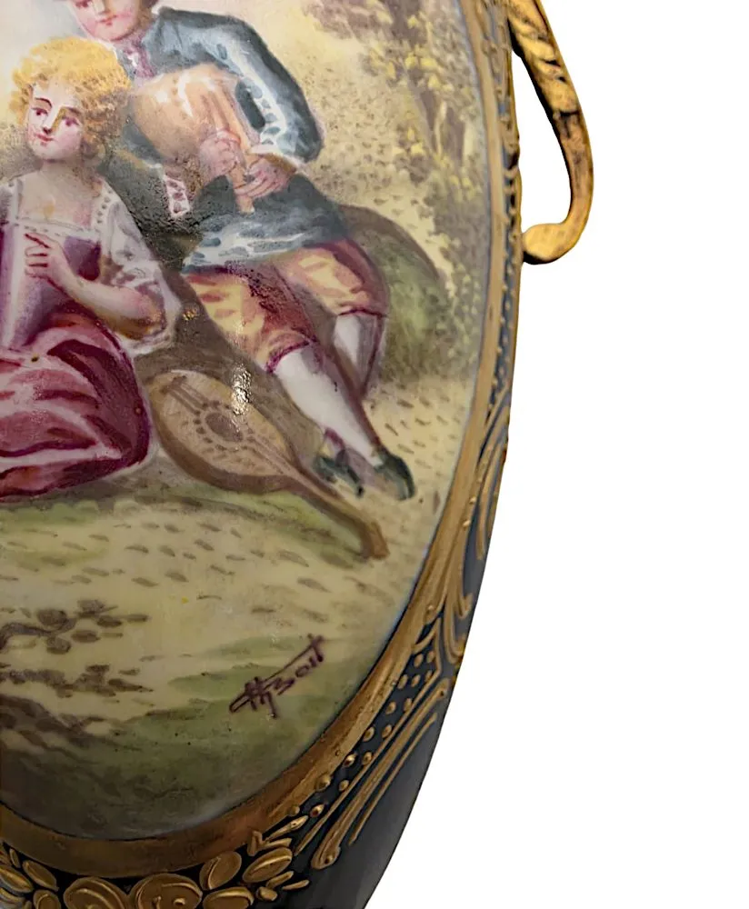  A Very Fine Pair of 19th Century Hand Painted Sevres Style Lidded Urns