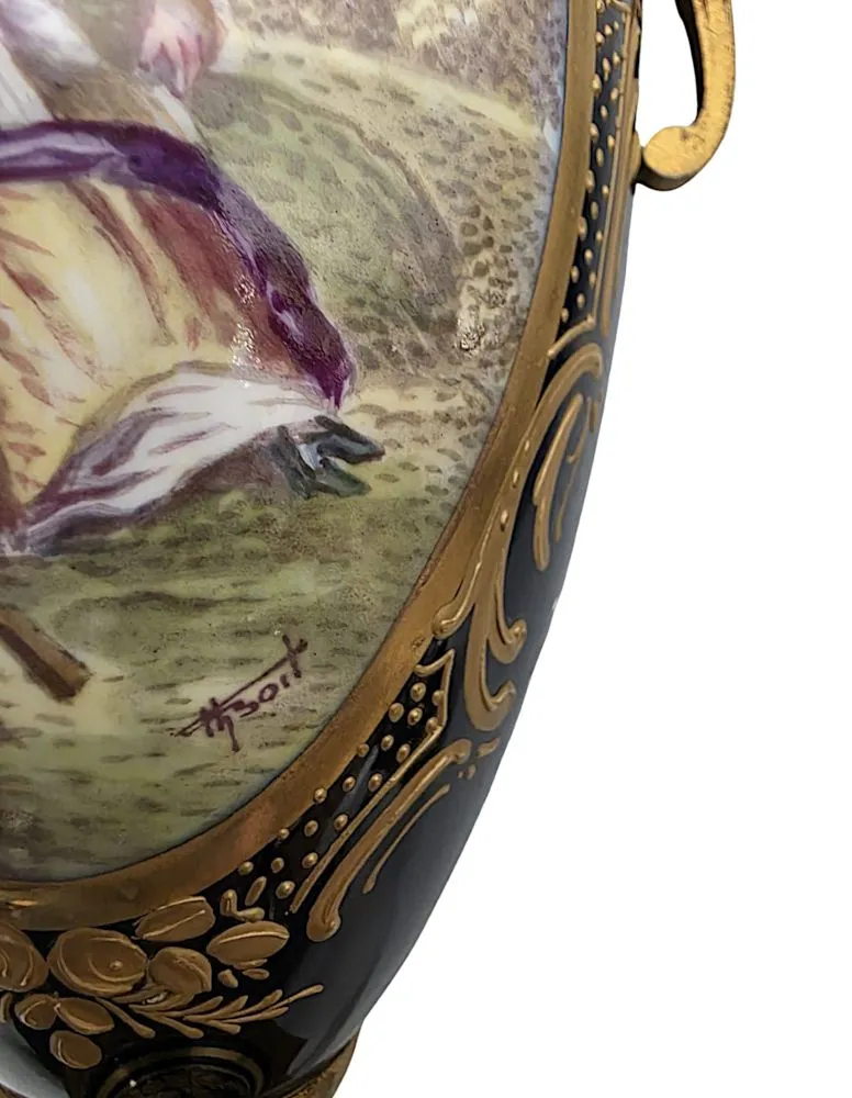  A Very Fine Pair of 19th Century Hand Painted Sevres Style Lidded Urns