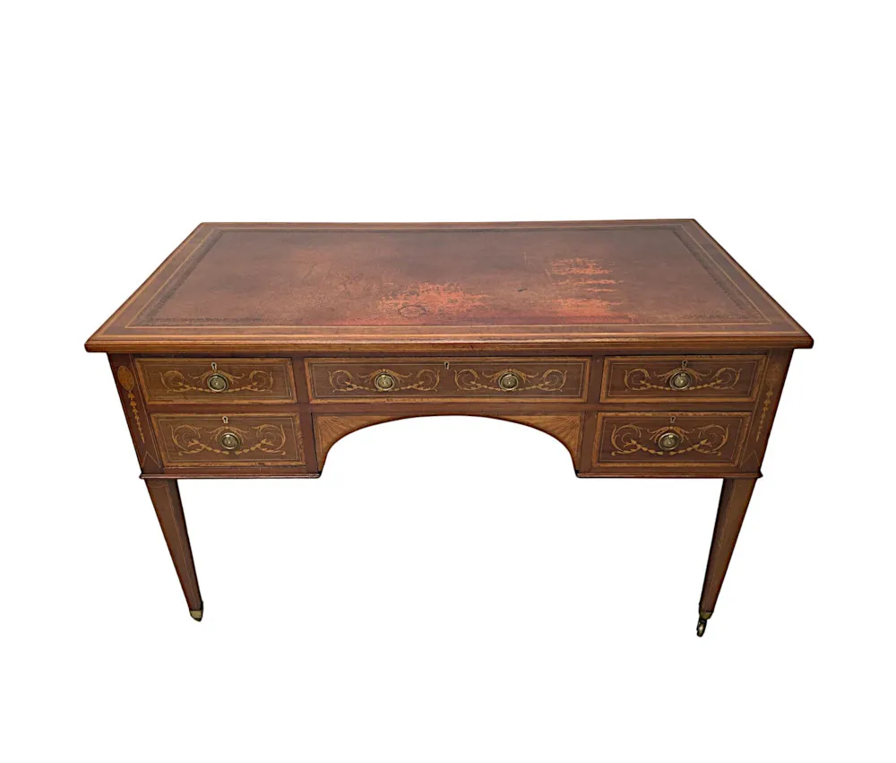 A Fabulous Edwardian Inlaid Leather Top Office or Writing Desk by James Shoolbred of London