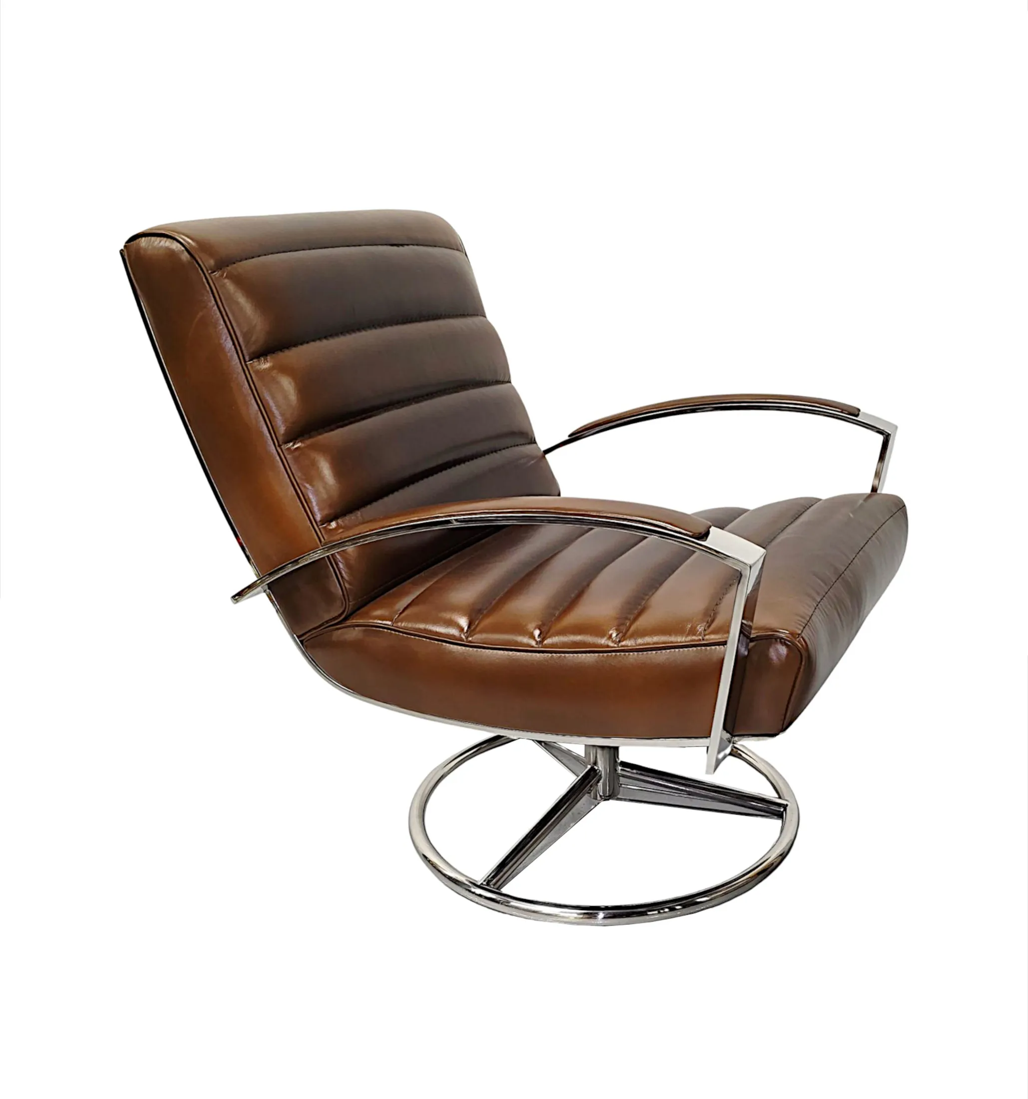  A Stunning Mid Century Style Leather and Chrome Revolving Armchair