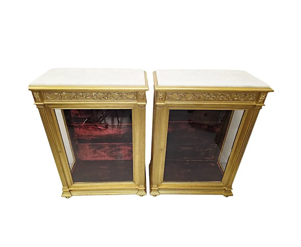 A Very Rare and Unusual 19th Century Pair of Giltwood Marble Top Pier Cabinets