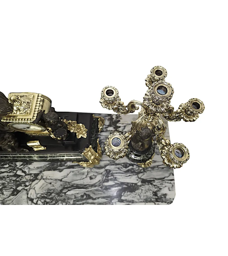 A Very Rare and Fine 19th Century French Marble and Bronze Garniture Clock Set 