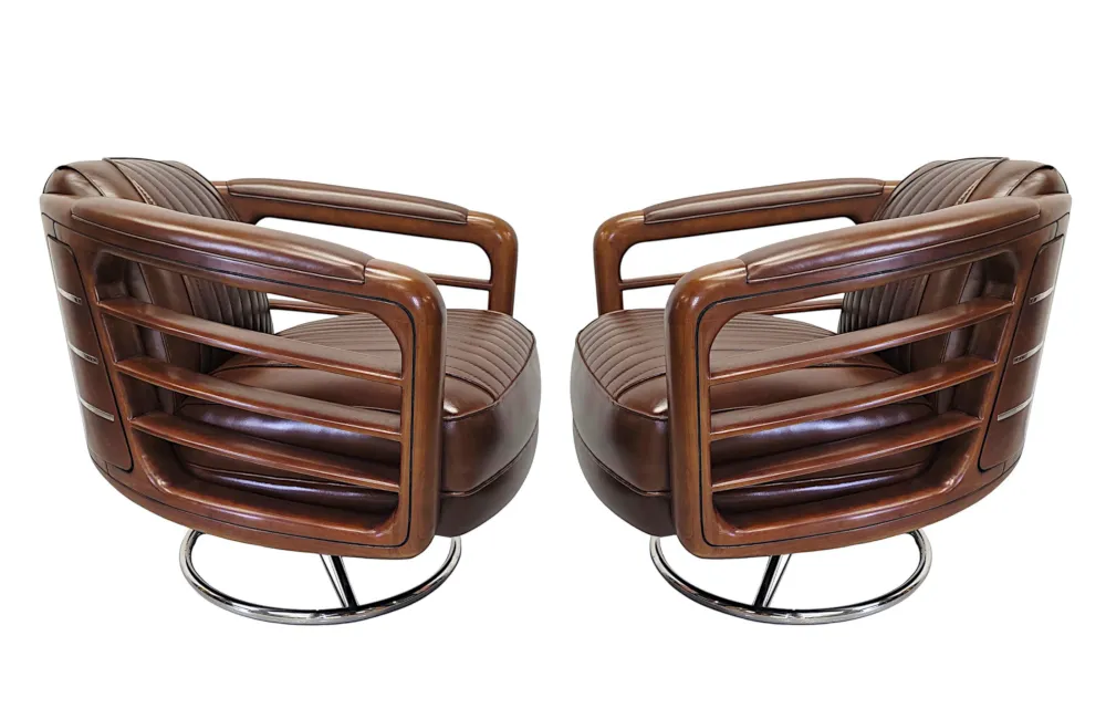 A Fabulous Handmade Walnut and Chrome Revolving Leather Armchair