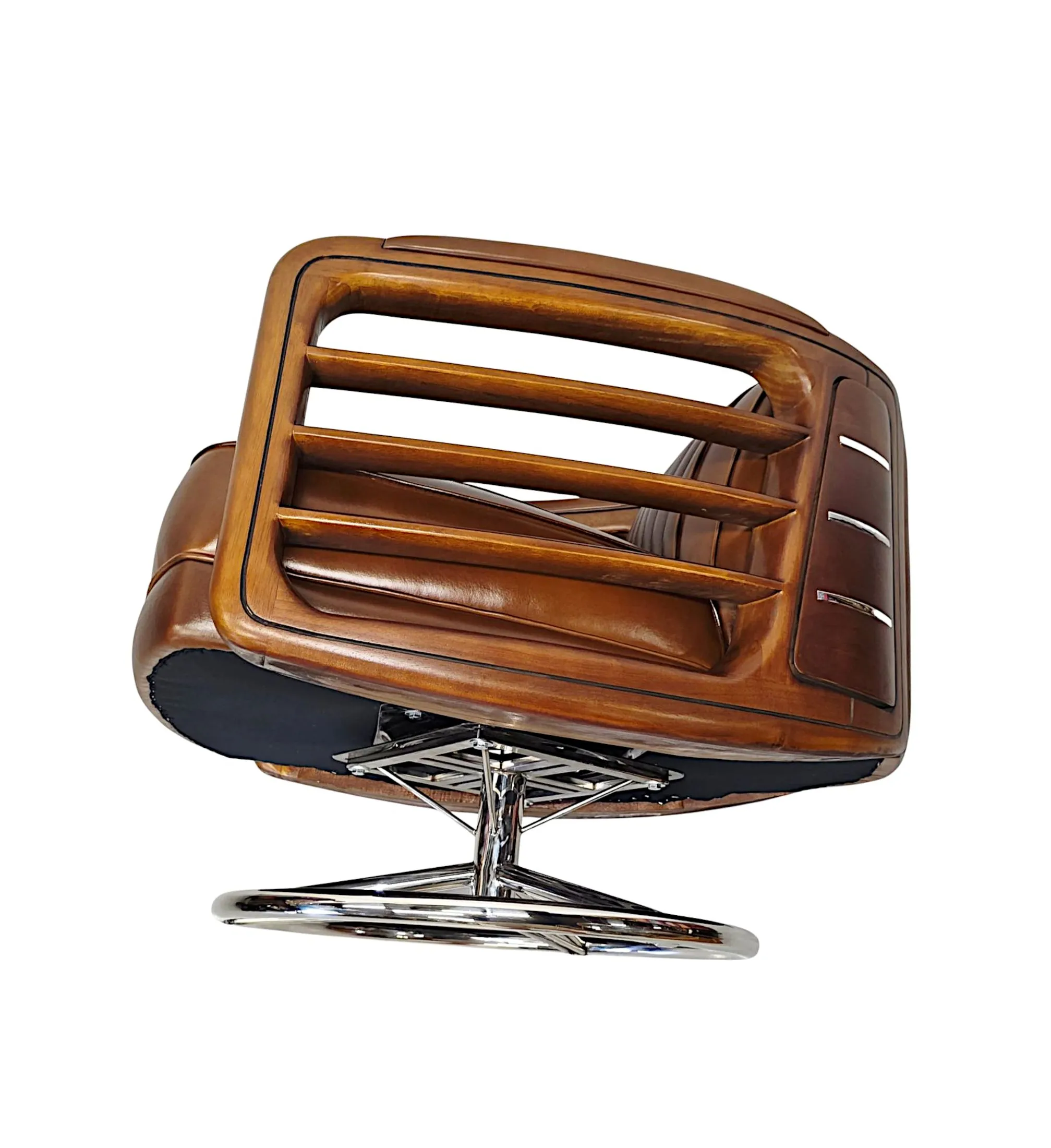 A Fabulous Handmade Walnut and Chrome Revolving Leather Armchair