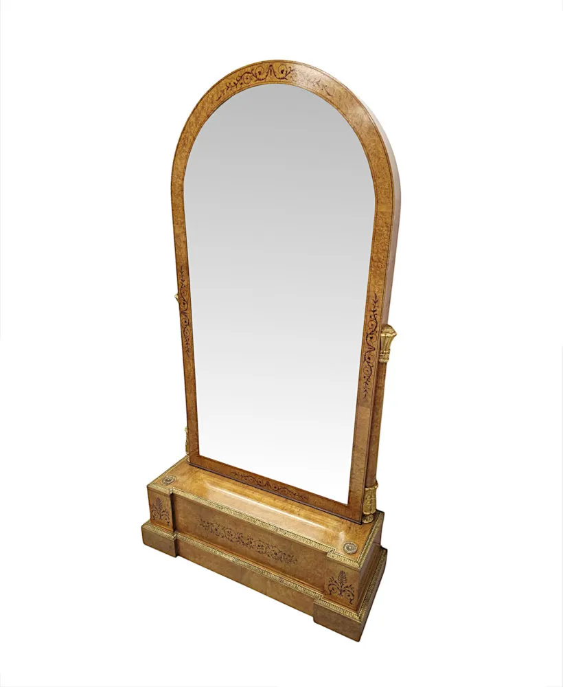 A Very Fine and Unusual Early 20th Century Inlaid Birdseye Maple Cheval Mirror With Ormolu Mounts