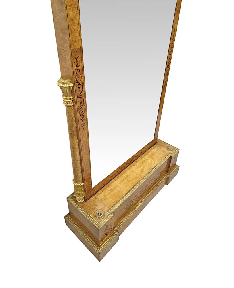 A Very Fine and Unusual Early 20th Century Inlaid Birdseye Maple Cheval Mirror With Ormolu Mounts