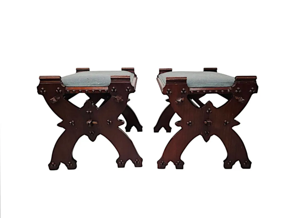 A Lovely Unusual Pair of 19th Century Gothic Oak X Framed Stools