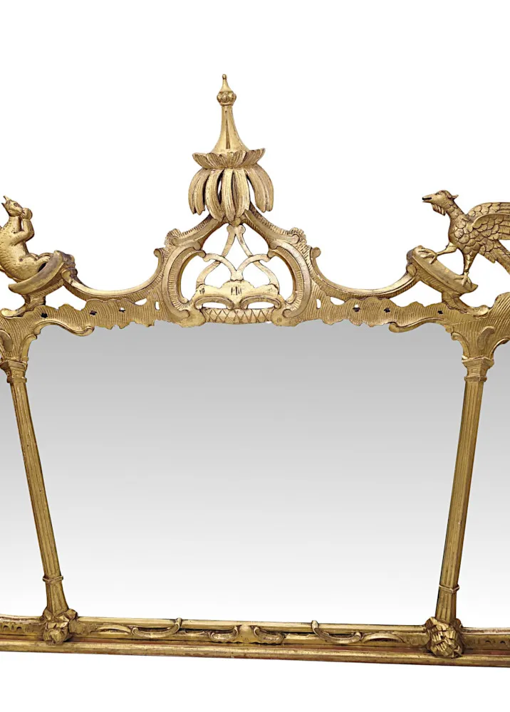 A Very Rare 19th Century Irish Tryptic Giltwood Overmantel Mirror with Ho Ho Bird and Squirrel Detail