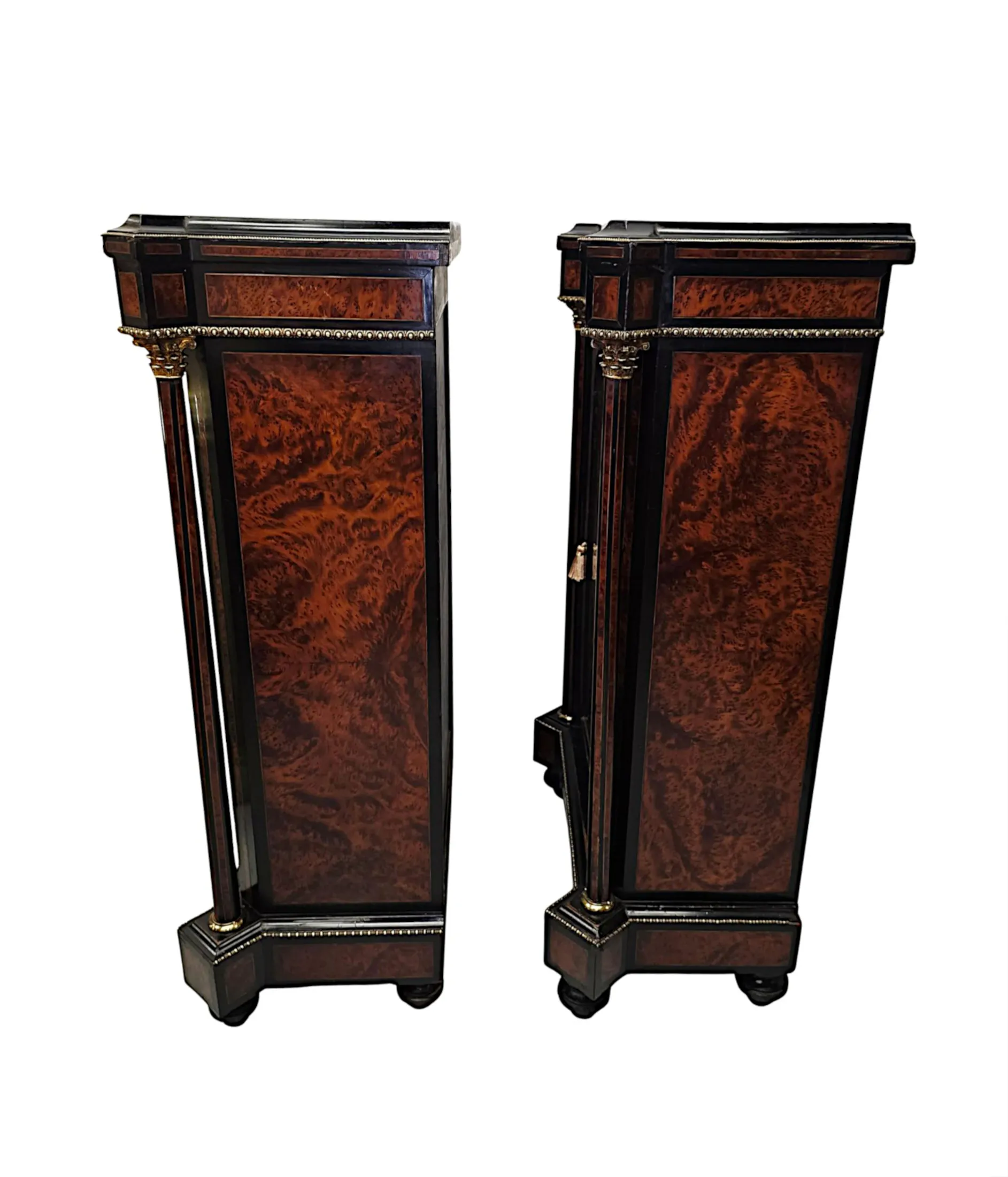 A Very Rare Pair of 19th Century Inlaid Emboyna and Ebonised Music or Pier Cabinets
