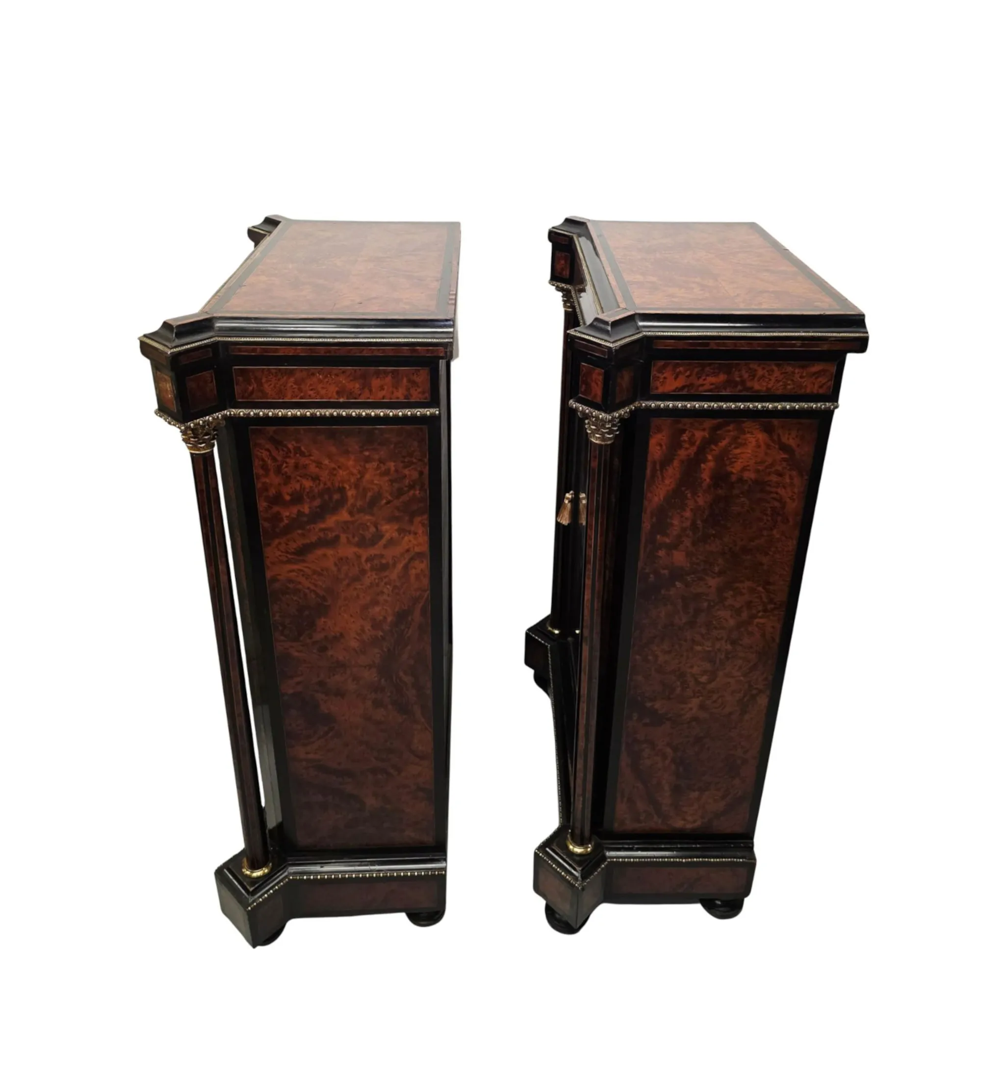 A Very Rare Pair of 19th Century Inlaid Emboyna and Ebonised Music or Pier Cabinets