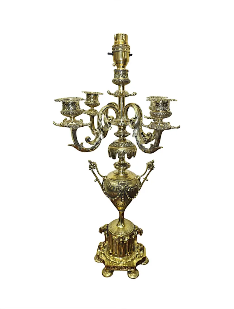 A Stunning Pair of 19th Century Brass Candelabra Converted To Table Lamps