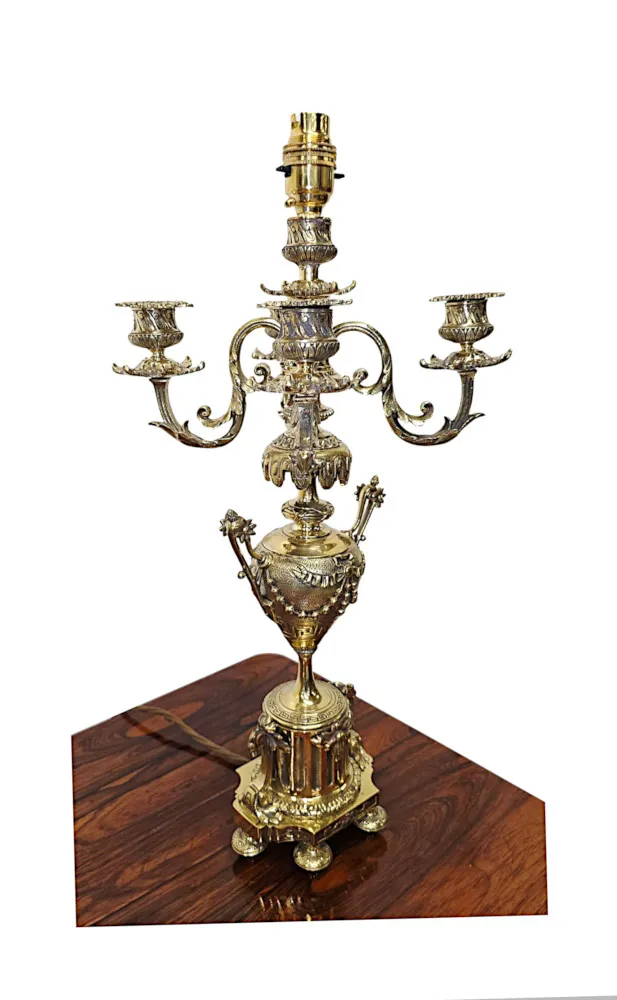 A Stunning Pair of 19th Century Brass Candelabra Converted To Table Lamps