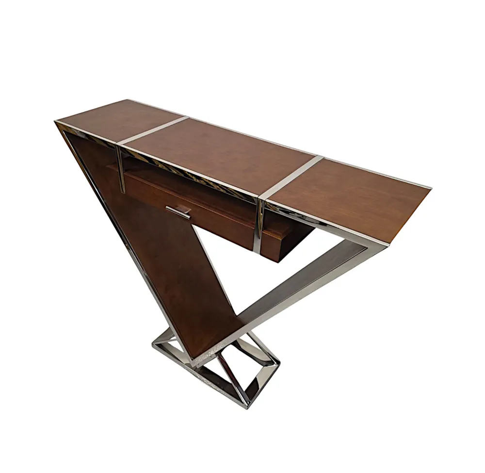 A Fabulous Art Deco Design Triangular Walnut and Chrome Console Table