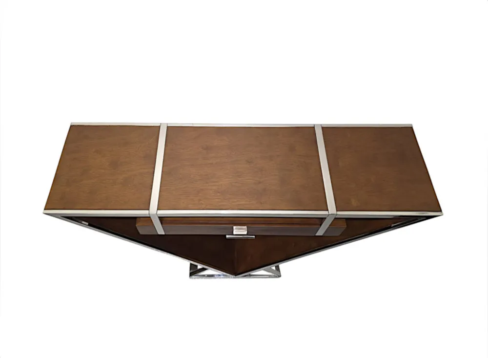 A Fabulous Art Deco Design Triangular Walnut and Chrome Console Table