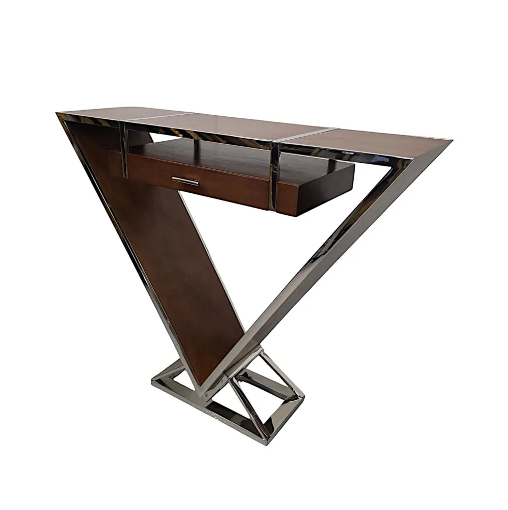A Fabulous Art Deco Design Triangular Walnut and Chrome Console Table