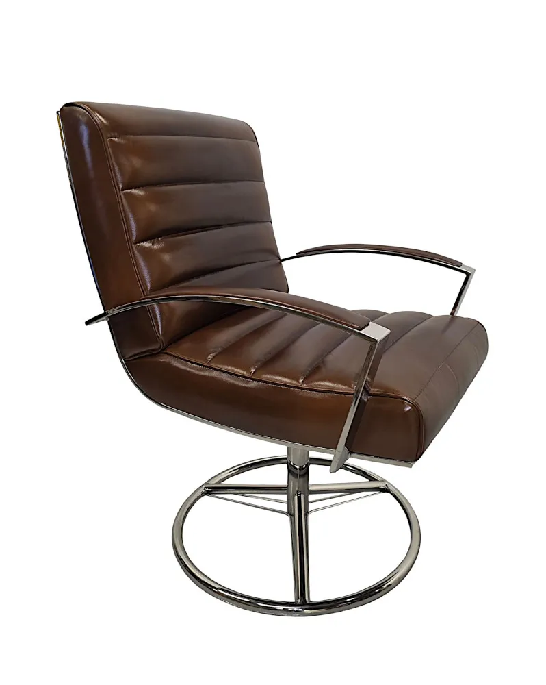 A Fabulous Mid Century Design Leather and Chrome Revolving Desk or Office Chair