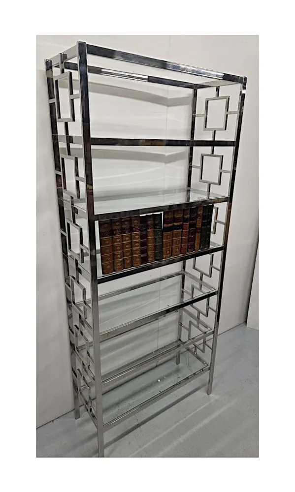 A Stunning Art Deco Style Chrome and Glass Bookshelves or Display Stand