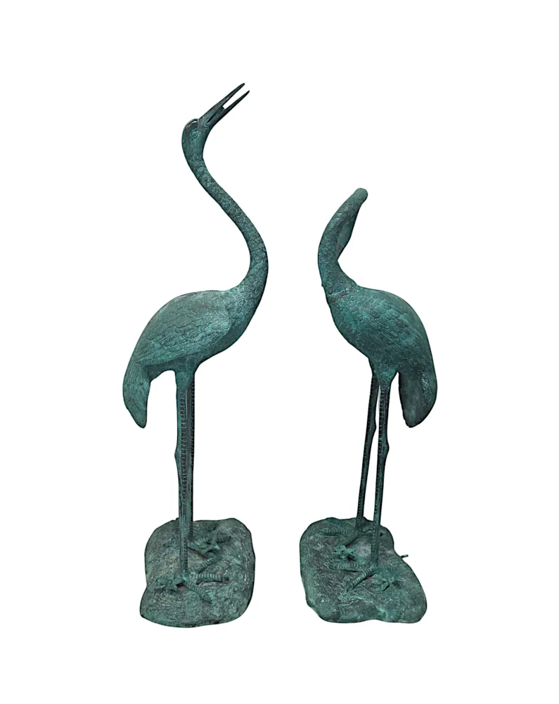 A Very Fine Pair of Bronze Animalier Garden Sculpture or Fountain of a Pair of Cranes