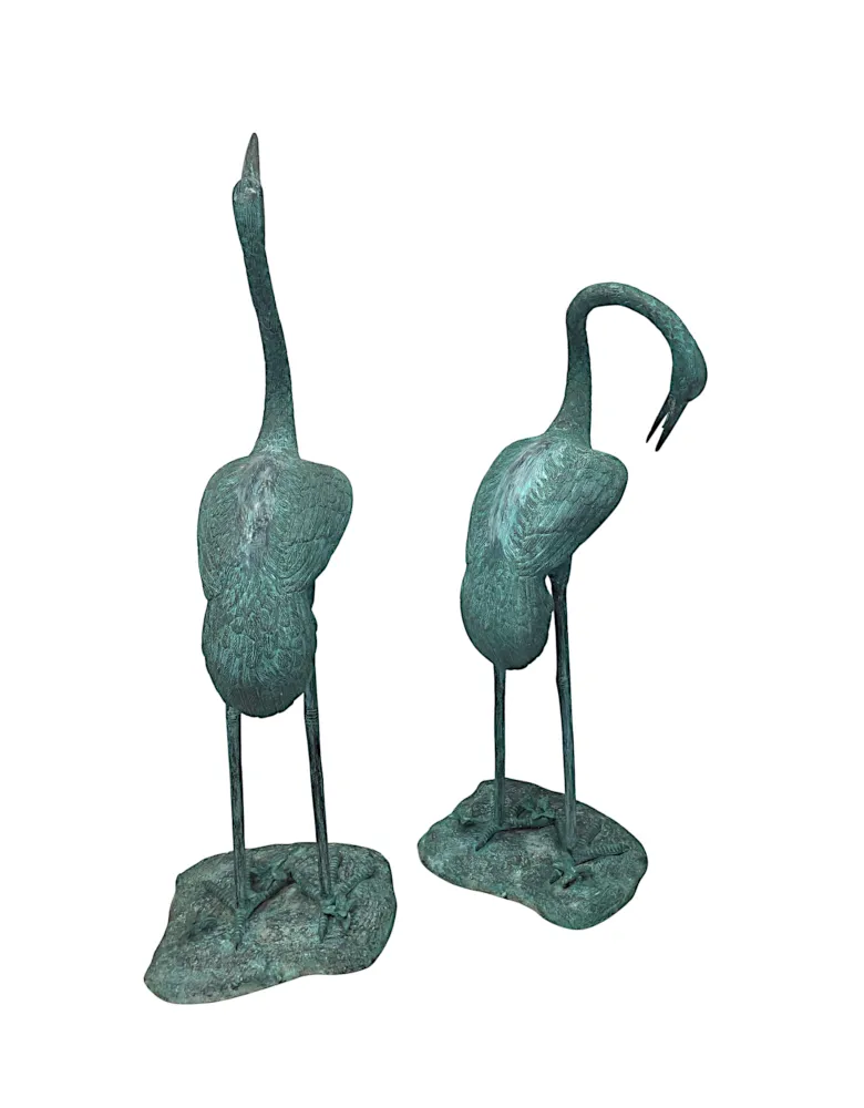 A Very Fine Pair of Bronze Animalier Garden Sculpture or Fountain of a Pair of Cranes