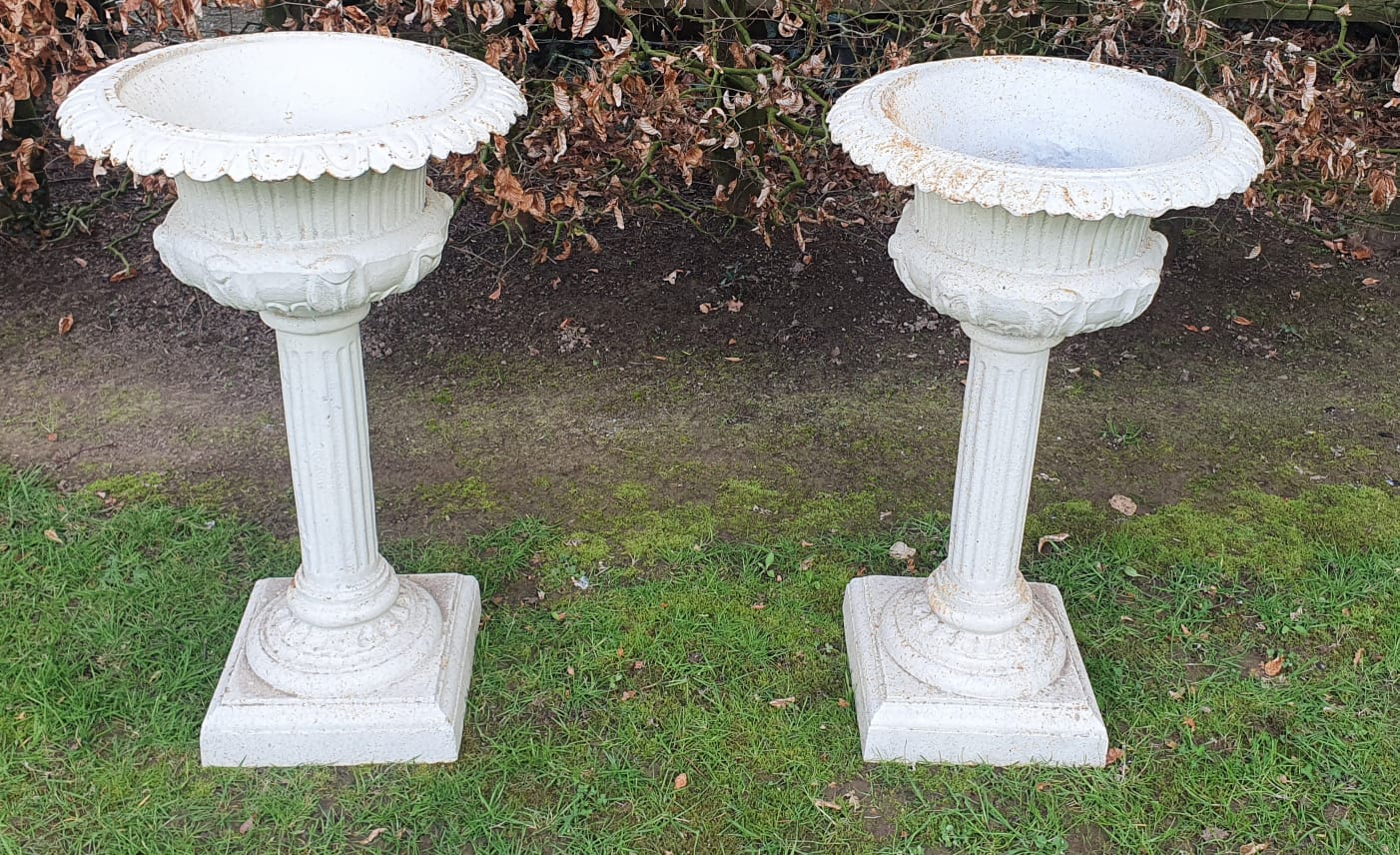Pair of Cast Iron Garden Urns on Columns