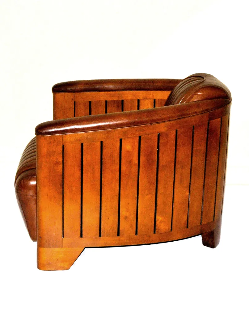 Art Deco Style Real Leather & Timber Club Armchairs