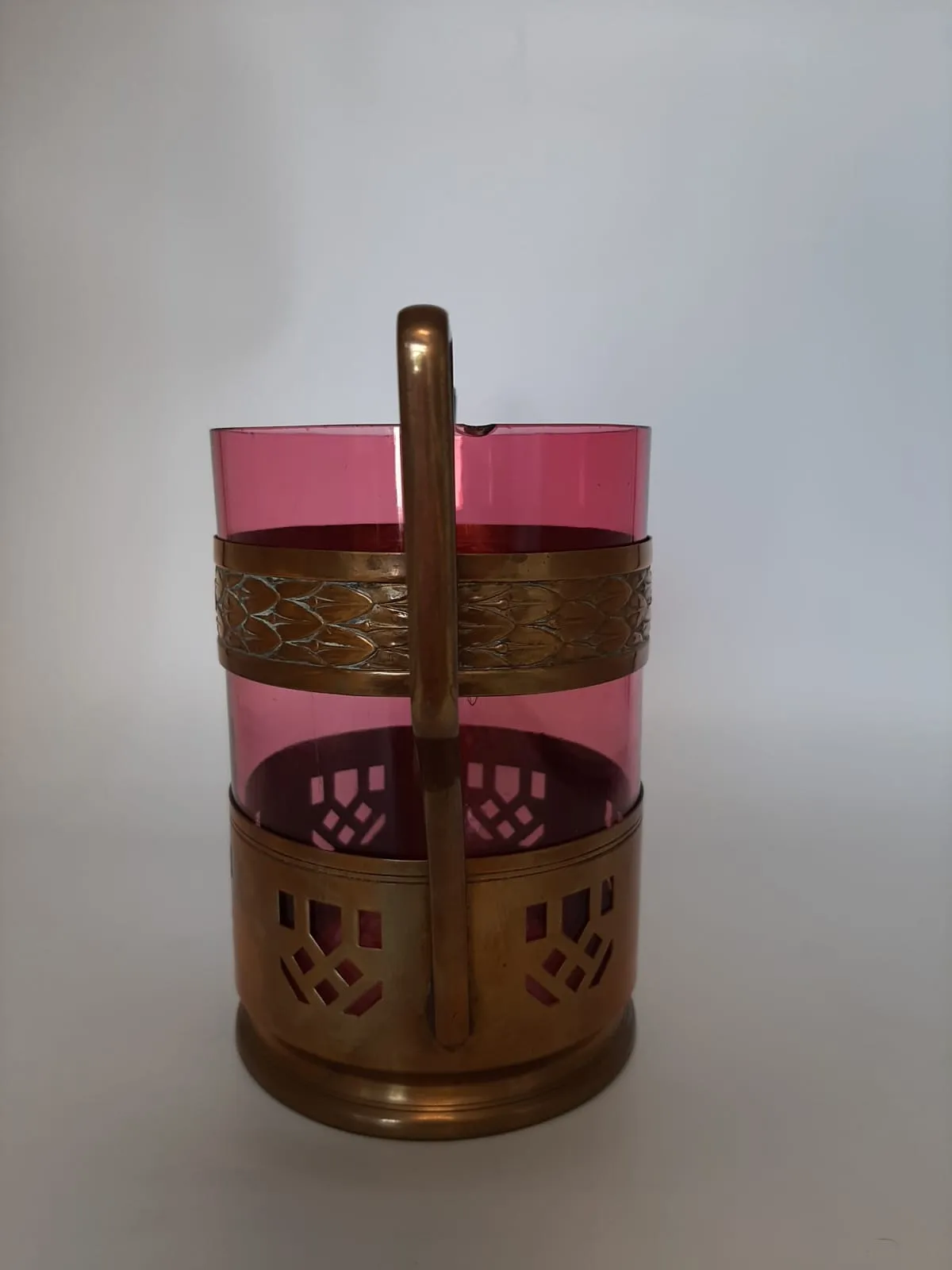 Large 19th Century Ruby Glass Jar in Brass Frame