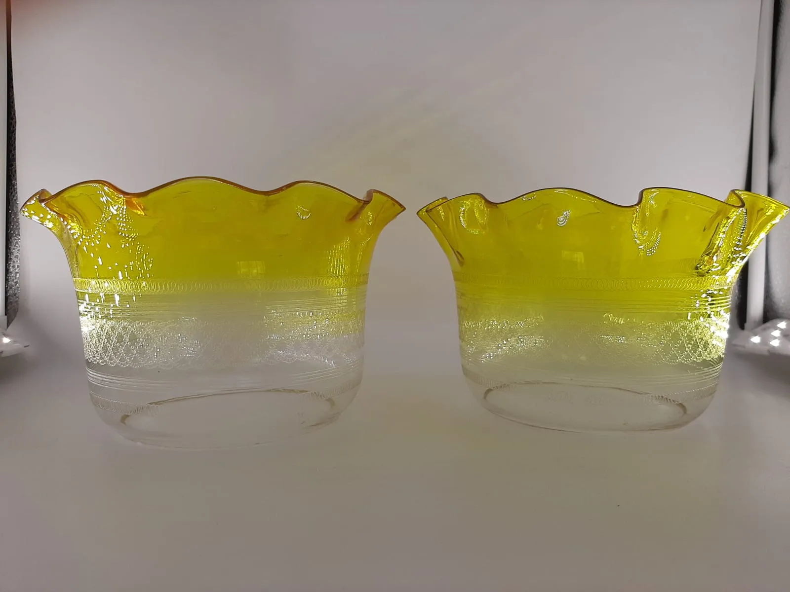 Pair of Rare Victorian Yellow Etched Shade and Glass Chimney