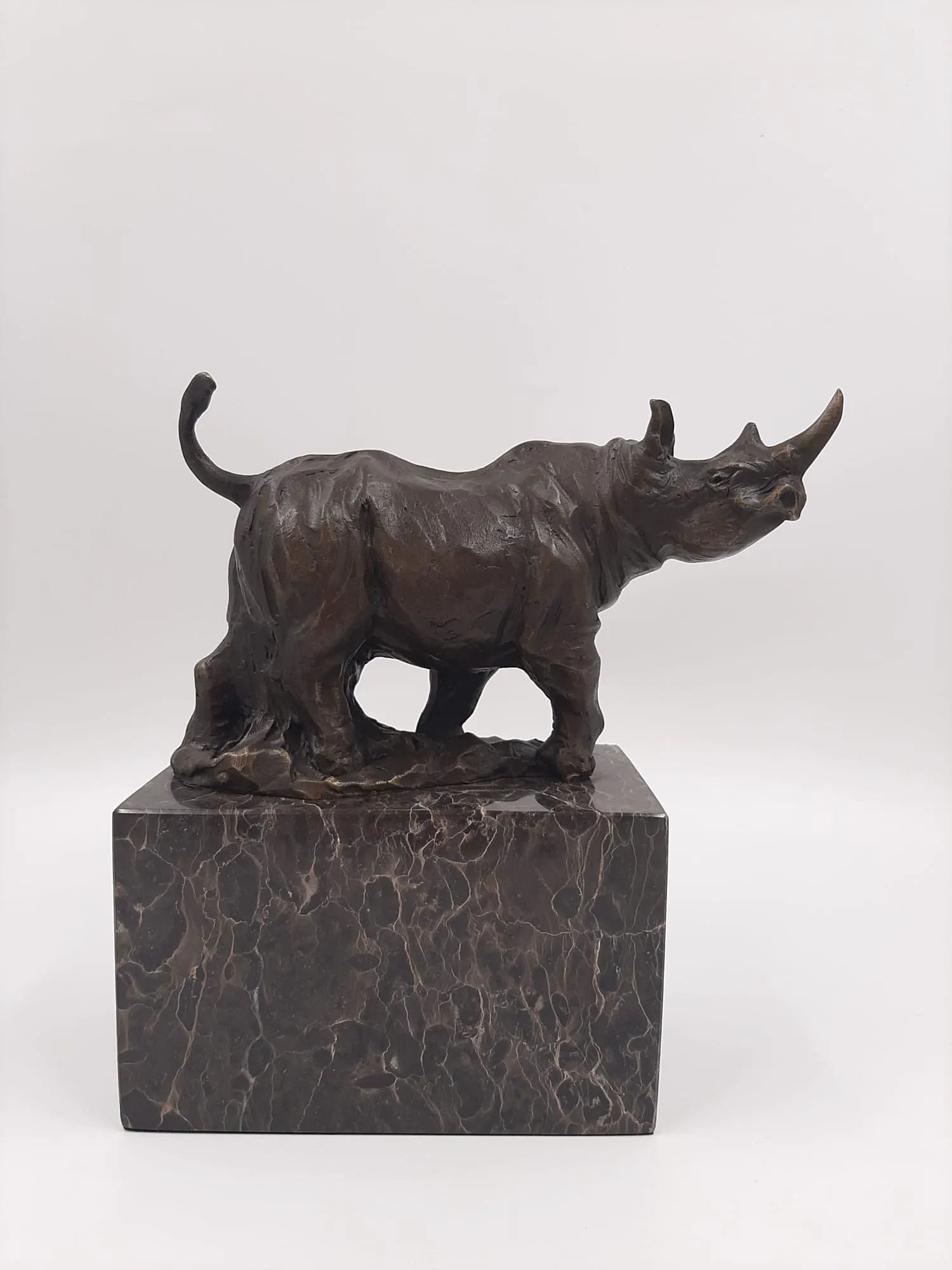 Modern Quality Bronze Sculpture of a Rhino on Marble Base